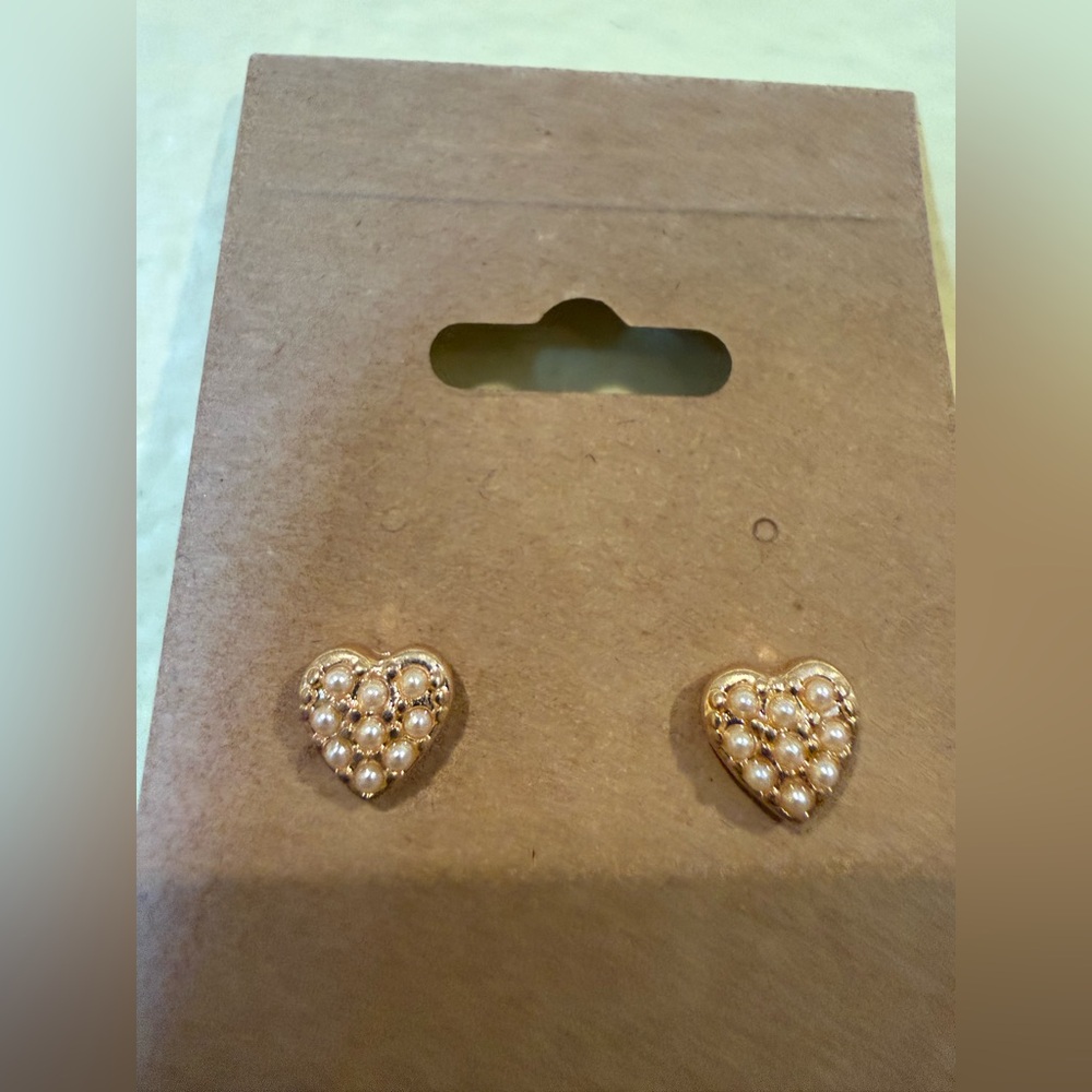 Gold Heart Pearl Stud Earrings